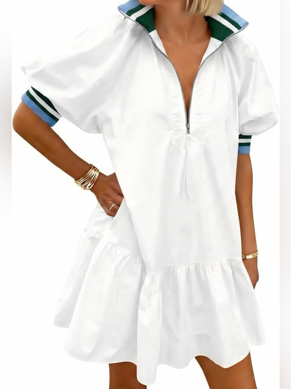Wenrie White Overall Polo Zip Ruffle Dress (Sz XL) Ptp 23”-24.5”